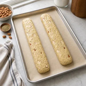 Dois rolos de massa de biscotti de amêndoa em assadeira forrada com papel-manteiga