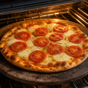 Margherita pizza baking on a hot stone