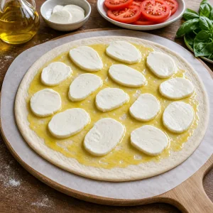 Mozzarella slices arranged over oiled pizza dough