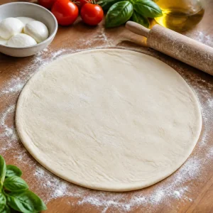 Thin pizza dough rolled on a floured surface