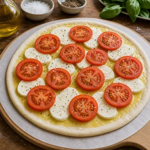 Tomato slices and pepper on mozzarella-topped pizza dough