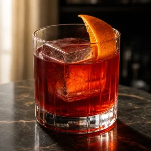 Finished classic Italian Negroni cocktail in a rocks glass with a large ice cube and orange twist