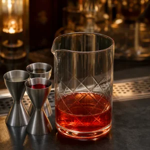 Gin sweet vermouth and Campari combined in a cocktail mixing glass