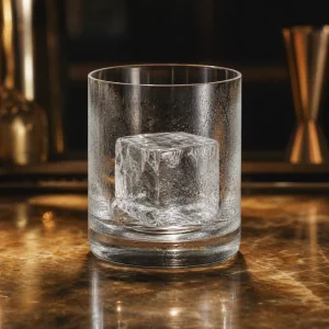 Single large clear ice cube placed in a chilled rocks glass