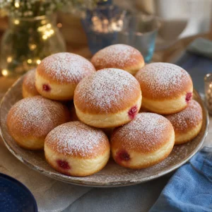 Fertige Sufganiyot mit Himbeerfuellung auf Platte