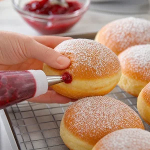 Himbeermarmelade wird in gezuckerten Krapfen gespritzt
