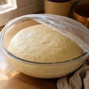 Aufgegangener Sufganiyot-Teig in geoelter Schuessel