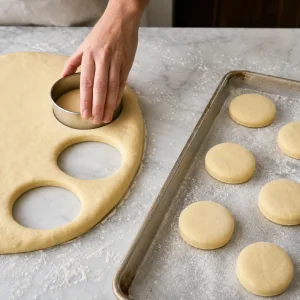 Runde Sufganiyot-Teiglinge aus bemehltem Teig ausgestochen
