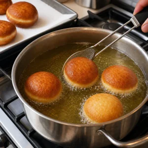 Sufganiyot werden in heissem Oel goldbraun frittiert