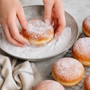 Warme Krapfen mit Puderzucker ueberzogen