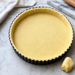 Pâte beurrée pressée sur le fond et les côtés d’un moule à tarte cannelé.
