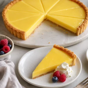 Tarte au citron refroidie coupée en parts avec crème fouettée et fruits rouges.