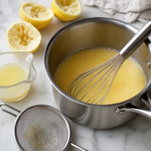 Oeufs et jus de citron filtré fouettés avec le sucre citronné.