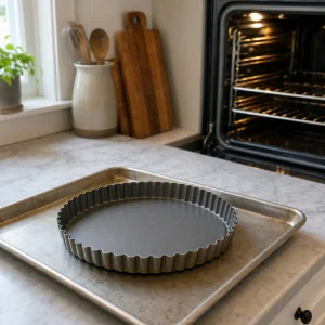 Moule à tarte cannelé vide posé sur une plaque à rebord pour la cuisson.