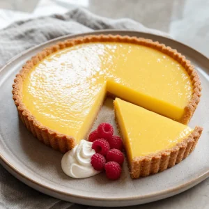 Finished lemon curd tart with a sliced wedge, whipped cream, and berries.
