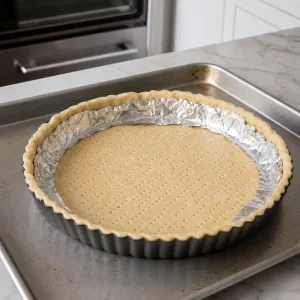 Fond de tarte congelé piqué à la fourchette et couvert de papier aluminium graissé.