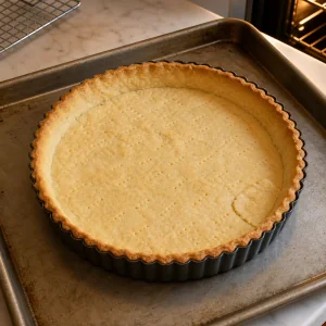 Fond de tarte doré et précuit après retrait du papier aluminium.