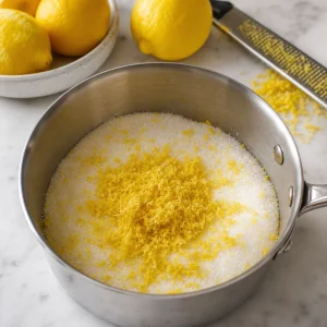 Zeste de citron frotté dans le sucre dans une casserole pour la garniture.