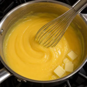 Lemon curd épais dans une casserole avec le beurre en train de fondre.