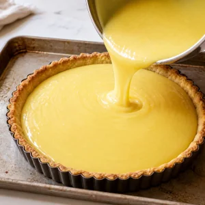Lemon curd chaud versé dans un fond de tarte doré et précuit.