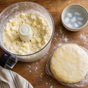 Butter and flour combined into pie dough for lemon meringue pie crust