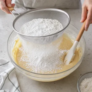 Flour, sugar, salt, and cold butter being mixed for lemon meringue pie crust