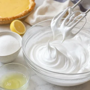 Glossy meringue whipped to stiff peaks