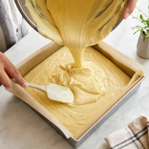 Hot lemon curd poured into a baked crust