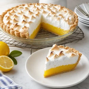 Sliced lemon meringue pie showing set lemon curd and toasted meringue