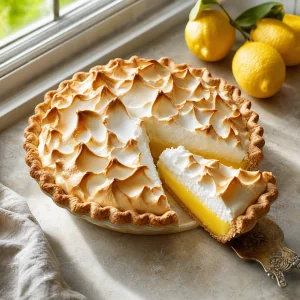 Torta de limão com merengue com uma fatia destacada