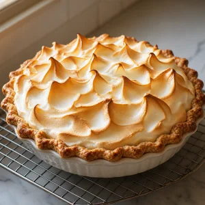 Crostata al limone e meringa dorata che raffredda su una griglia