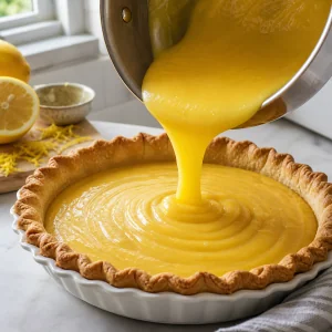 Crema al limone calda versata nella base cotta