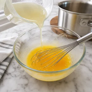 Miscela calda versata nei tuorli per temperarli