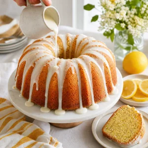 Regar um bolo bundt frio de limão e papoila com glace de leitelho.