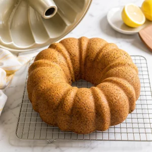 Bolo bundt dourado de limão e sementes de papoila a arrefecer numa grelha.