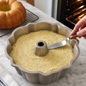 Alisar a massa de limão e papoila na forma bundt preparada antes de cozer.