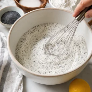 Misturar farinha, açúcar, fermentos, sal e sementes de papoila numa taça.