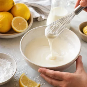 Bater açúcar em pó, leitelho e sumo de limão até obter uma glace fluida.