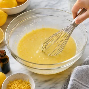 Bater os ingredientes líquidos do bolo de limão com leitelho e raspa de limão.