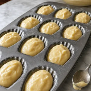 Cold madeleine batter spooned into shell molds.