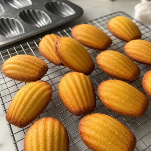 Finished madeleines cooling on a wire rack.
