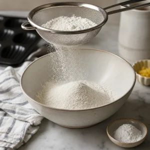 Flour being sifted into a bowl for madeleine batter.