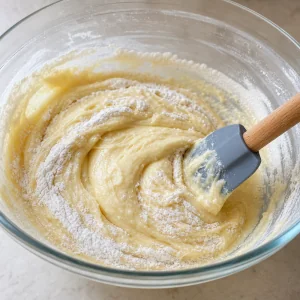 Flour mixture being folded into madeleine batter with a spatula.