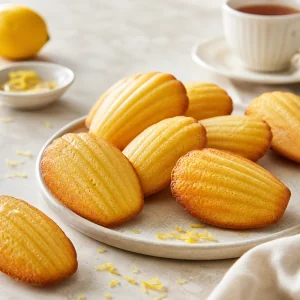 Golden shell-shaped madeleines on a plate with lemon zest.