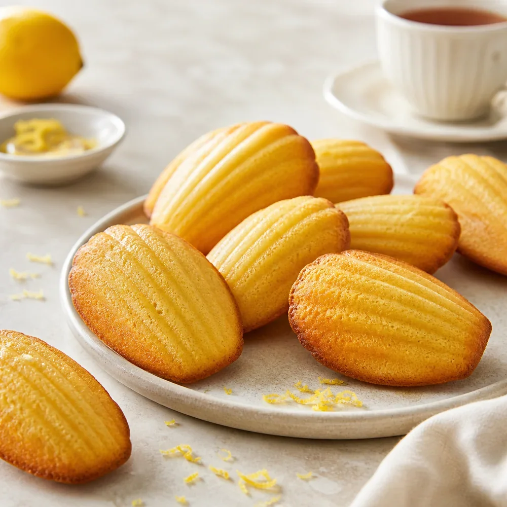 Golden shell-shaped madeleines on a plate with lemon zest.