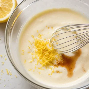 Lemon zest and vanilla added to pale madeleine batter.