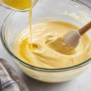 Melted butter being folded into glossy madeleine batter.
