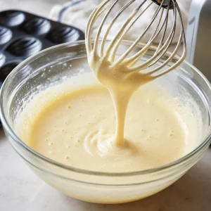 Pale egg and sugar mixture ribboning from a whisk.