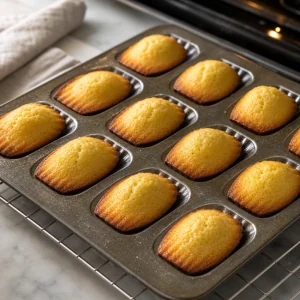 Puffed golden madeleines baked in the pan.