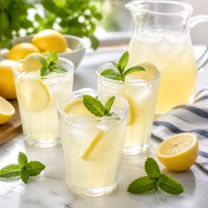 Iced lemonade glasses with lemon slices and mint
